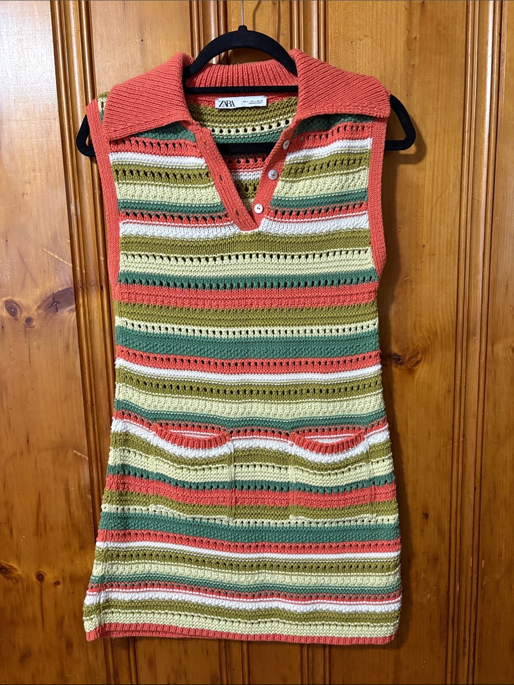 Zara Coral, Green & Cream Striped Knit Polo Mini Dress - Crochet - Size Small
